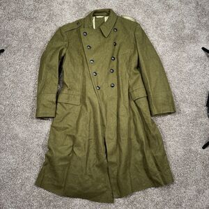 Vintage Romanian Army Coat Mens Green Wool Belted Military Overcoat Long